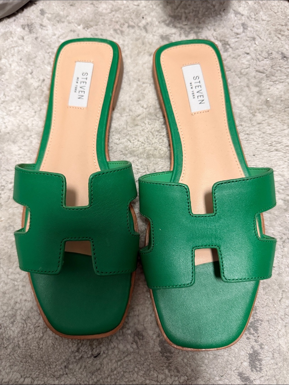 STEVEN NY Green Leather Cutout Slide Mules